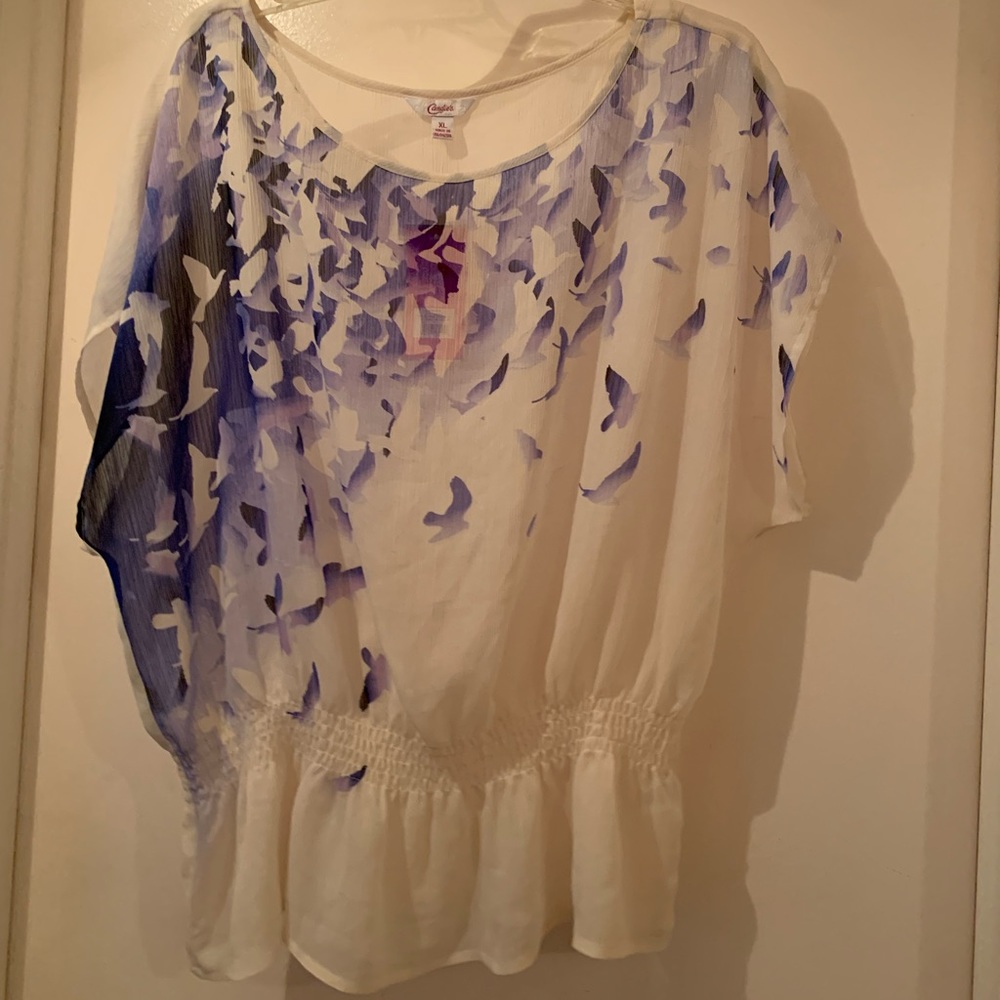 Candie’s Sheer Top with Blue & White Doves Design